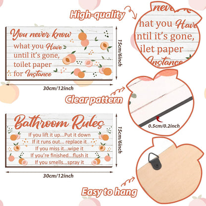 2 Pieces Wooden Peach Bathroom Decor Bathroom Rule Wall Plaque Decor Wooden Hanging Sign Funny Cute Farmhouse Peach Accessories Wood Plank for Home Rustic Decoration,12 x 6 Inch