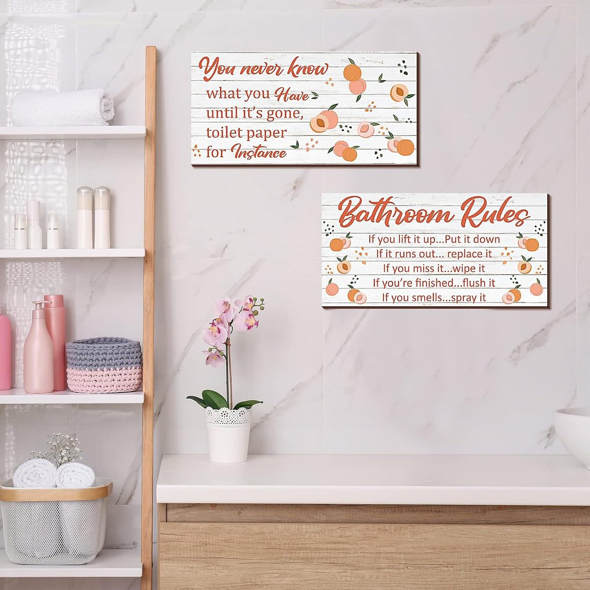 2 Pieces Wooden Peach Bathroom Decor Bathroom Rule Wall Plaque Decor Wooden Hanging Sign Funny Cute Farmhouse Peach Accessories Wood Plank for Home Rustic Decoration,12 x 6 Inch