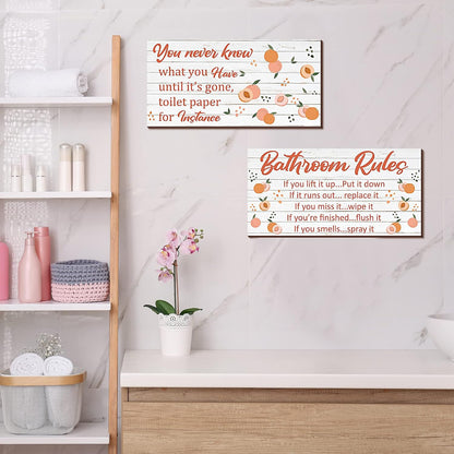 2 Pieces Wooden Peach Bathroom Decor Bathroom Rule Wall Plaque Decor Wooden Hanging Sign Funny Cute Farmhouse Peach Accessories Wood Plank for Home Rustic Decoration,12 x 6 Inch