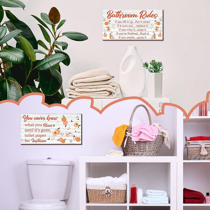 2 Pieces Wooden Peach Bathroom Decor Bathroom Rule Wall Plaque Decor Wooden Hanging Sign Funny Cute Farmhouse Peach Accessories Wood Plank for Home Rustic Decoration,12 x 6 Inch