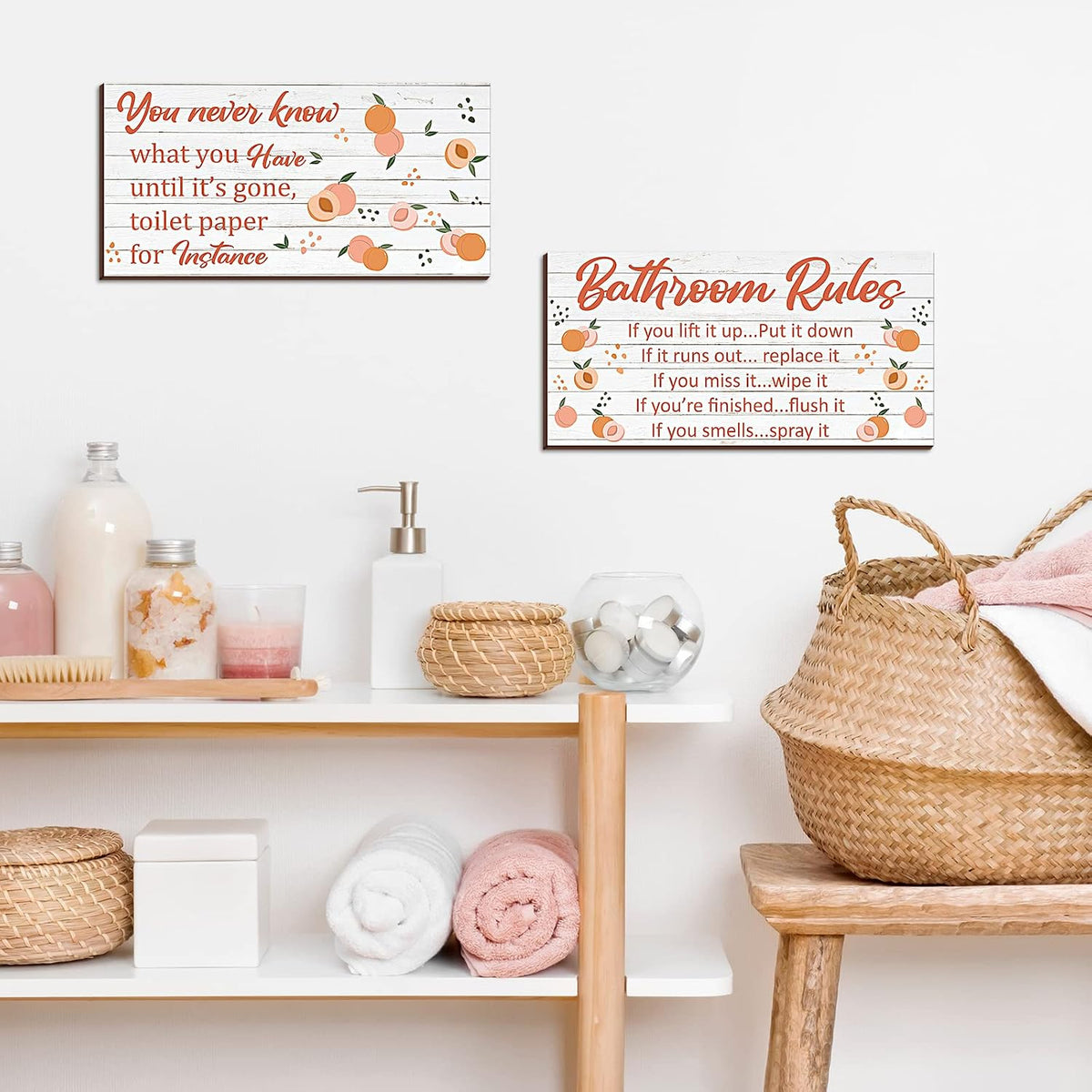 2 Pieces Wooden Peach Bathroom Decor Bathroom Rule Wall Plaque Decor Wooden Hanging Sign Funny Cute Farmhouse Peach Accessories Wood Plank for Home Rustic Decoration,12 x 6 Inch