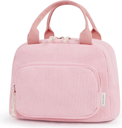 Corduroy Insulated Lunch Bag Cute Tote for Women, Pink