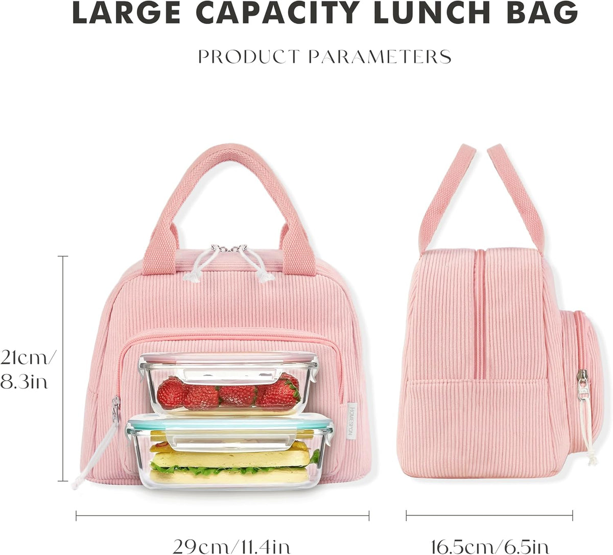 Corduroy Insulated Lunch Bag Cute Tote for Women, Pink