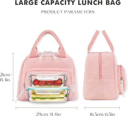 Corduroy Insulated Lunch Bag Cute Tote for Women, Pink
