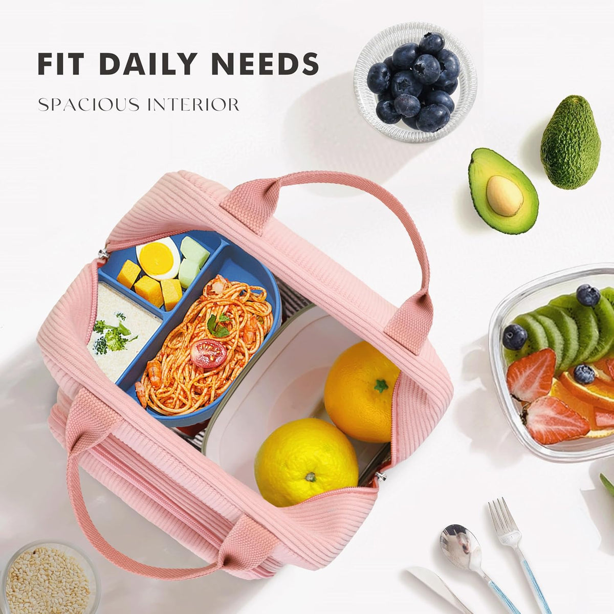 Corduroy Insulated Lunch Bag Cute Tote for Women, Pink