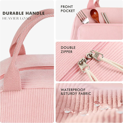 Corduroy Insulated Lunch Bag Cute Tote for Women, Pink