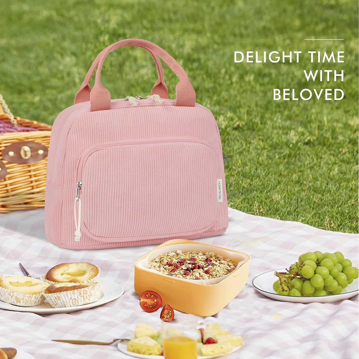 Corduroy Insulated Lunch Bag Cute Tote for Women, Pink