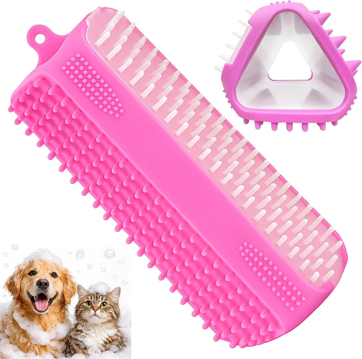 Triangular Wrap-Around Pet Grooming & Bath Brush for Dogs & Cats – 3-in-1 Silicone Dog Bath Brush with Deshedding Bristles, Massage Cones & Deep Cleaning Nubs, Soft Flexible Self-Cleaning Design,Pink