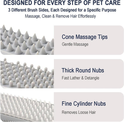 Triangular Wrap-Around Pet Grooming & Bath Brush for Dogs & Cats – 3-in-1 Silicone Dog Bath Brush with Deshedding Bristles, Massage Cones & Deep Cleaning Nubs, Soft Flexible Self-Cleaning Design,Pink