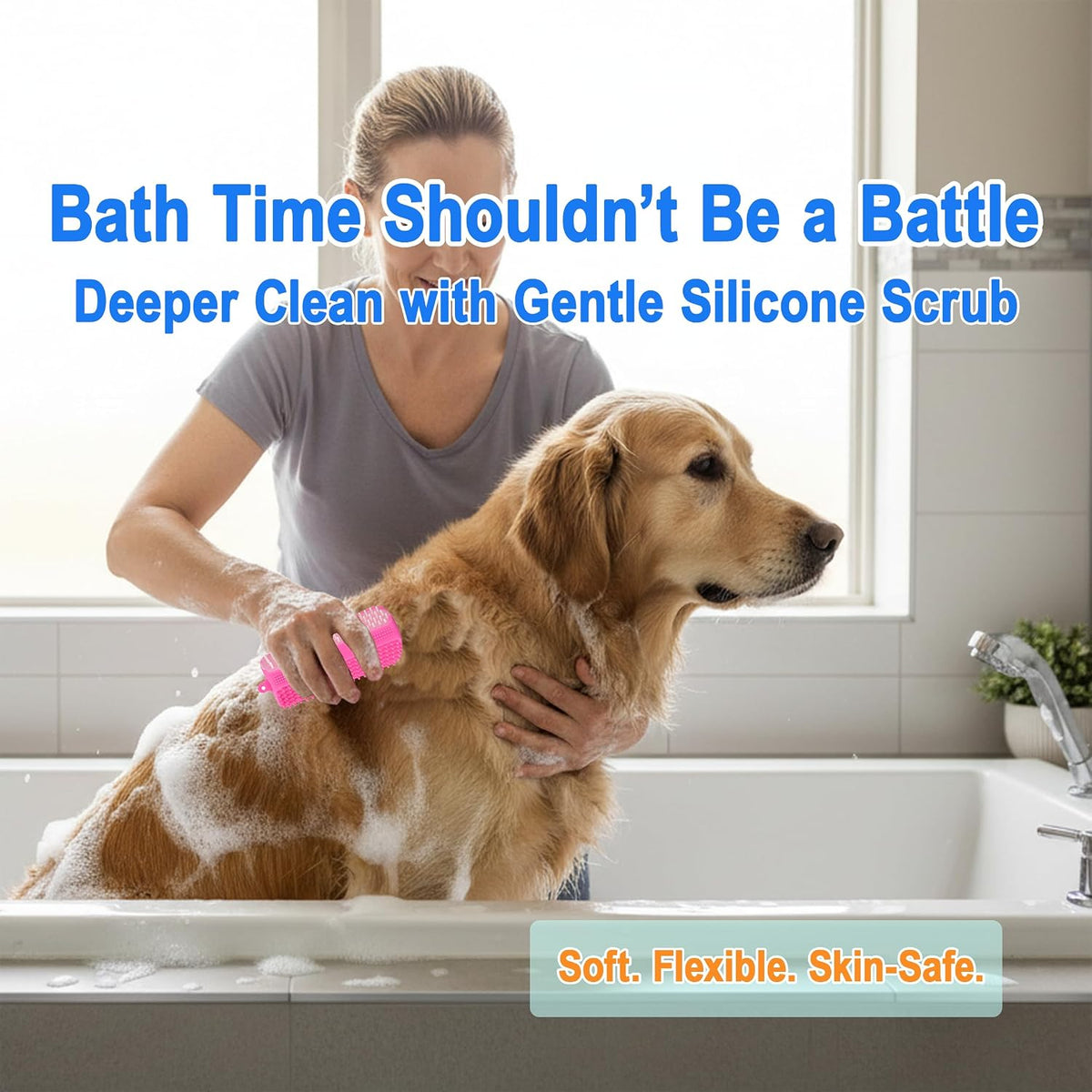 Triangular Wrap-Around Pet Grooming & Bath Brush for Dogs & Cats – 3-in-1 Silicone Dog Bath Brush with Deshedding Bristles, Massage Cones & Deep Cleaning Nubs, Soft Flexible Self-Cleaning Design,Pink