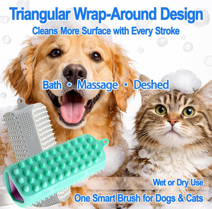 Triangular Wrap-Around Pet Grooming & Bath Brush for Dogs & Cats – 3-in-1 Silicone Dog Bath Brush with Deshedding Bristles, Massage Cones & Deep Cleaning Nubs, Soft Flexible Self-Cleaning Design,Pink