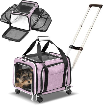 RUFF LIFE 101 Airline Approved Expandable Premium Pet Carrier on Wheels- Two Sided Rolling Carrier- Designed for Dogs & Cats- Extra Spacious Soft Lined Carrier! - Pink (RL-PET-CARRIER-WHEELS)