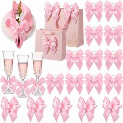 50 Pcs Pink Bow Napkin Rings Bow Satin Napkins Decors for Girls Women 5 x 5 Inch Coquette Silky Table Decors Bows Theme Party Supplies for Wedding Banquet Birthday Baby Shower Table Decor