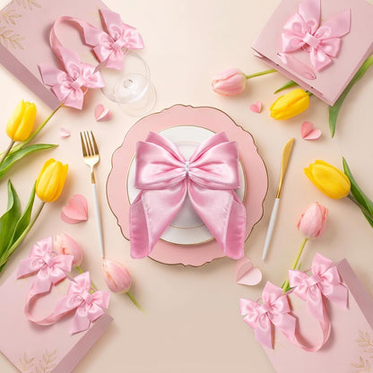 50 Pcs Pink Bow Napkin Rings Bow Satin Napkins Decors for Girls Women 5 x 5 Inch Coquette Silky Table Decors Bows Theme Party Supplies for Wedding Banquet Birthday Baby Shower Table Decor