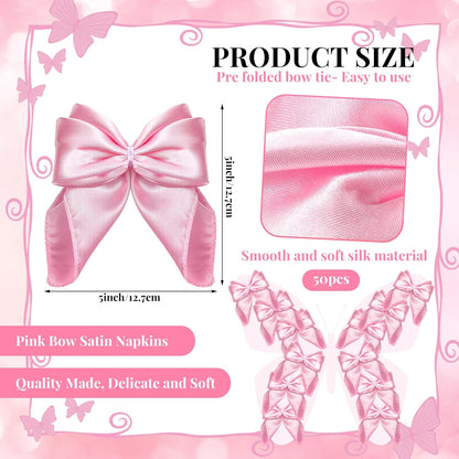50 Pcs Pink Bow Napkin Rings Bow Satin Napkins Decors for Girls Women 5 x 5 Inch Coquette Silky Table Decors Bows Theme Party Supplies for Wedding Banquet Birthday Baby Shower Table Decor