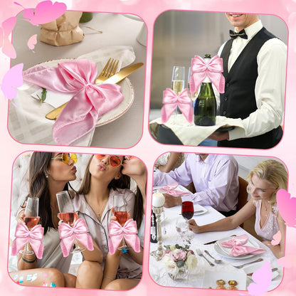 50 Pcs Pink Bow Napkin Rings Bow Satin Napkins Decors for Girls Women 5 x 5 Inch Coquette Silky Table Decors Bows Theme Party Supplies for Wedding Banquet Birthday Baby Shower Table Decor