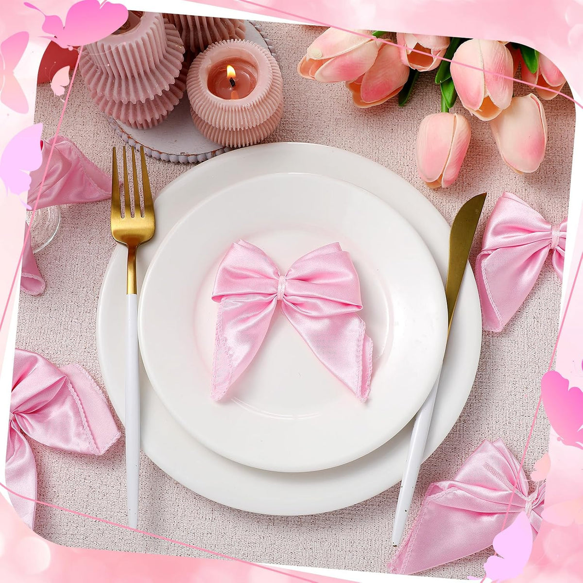 50 Pcs Pink Bow Napkin Rings Bow Satin Napkins Decors for Girls Women 5 x 5 Inch Coquette Silky Table Decors Bows Theme Party Supplies for Wedding Banquet Birthday Baby Shower Table Decor