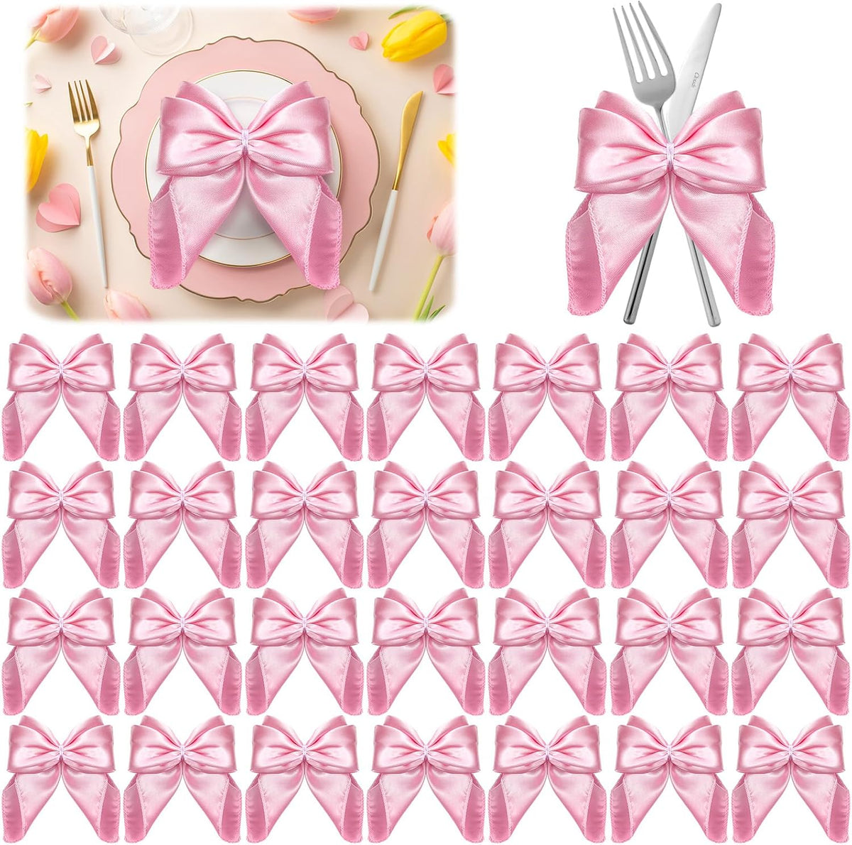 50 Pcs Pink Bow Napkin Rings Bow Satin Napkins Decors for Girls Women 5 x 5 Inch Coquette Silky Table Decors Bows Theme Party Supplies for Wedding Banquet Birthday Baby Shower Table Decor