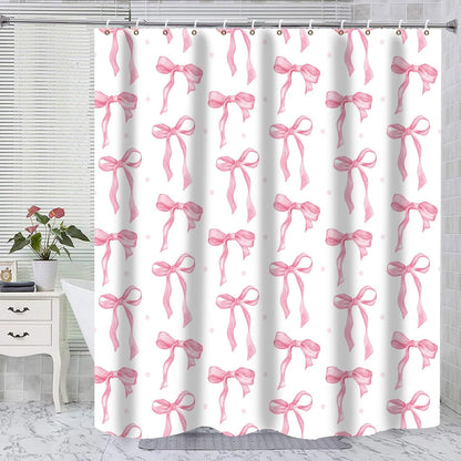 Pink Bow Shower Curtain Set with Hooks, White Pink Bathroom Curtain 72x72In