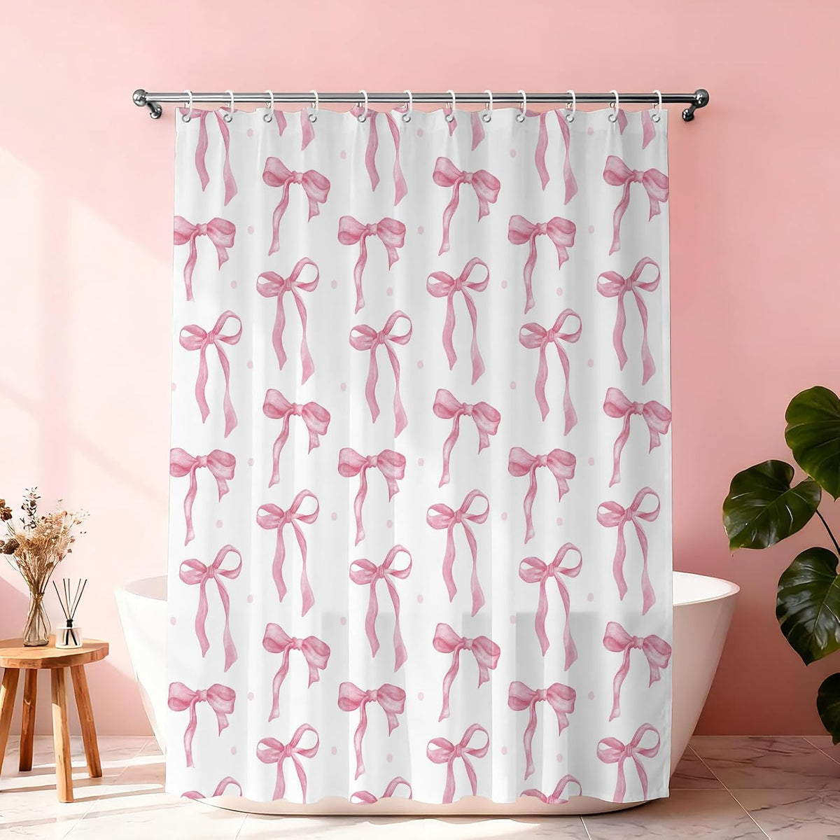 Pink Bow Shower Curtain Set with Hooks, White Pink Bathroom Curtain 72x72In