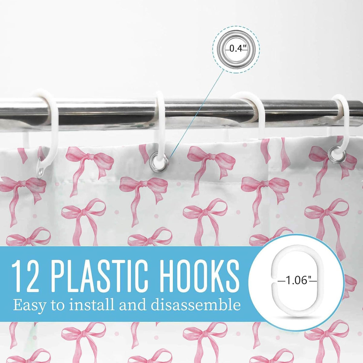 Pink Bow Shower Curtain Set with Hooks, White Pink Bathroom Curtain 72x72In