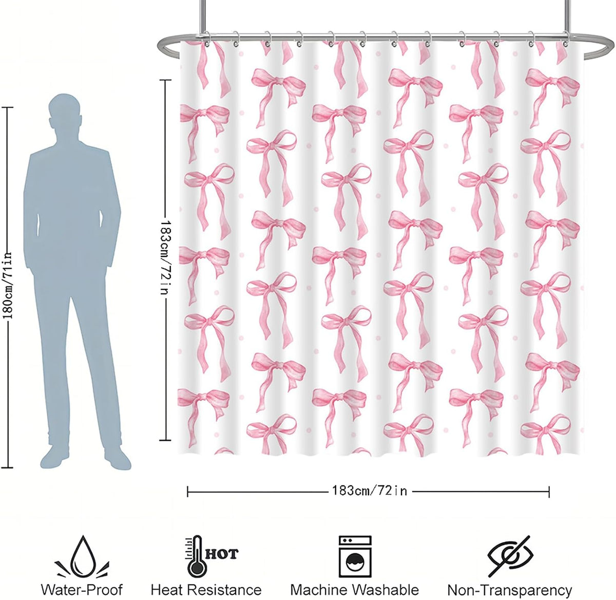 Pink Bow Shower Curtain Set with Hooks, White Pink Bathroom Curtain 72x72In