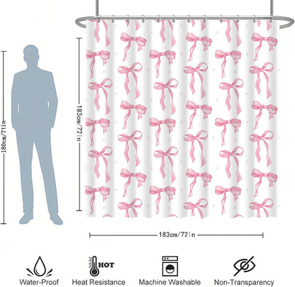 Pink Bow Shower Curtain Set with Hooks, White Pink Bathroom Curtain 72x72In
