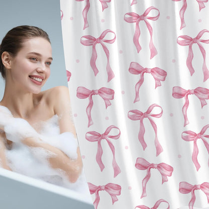 Pink Bow Shower Curtain Set with Hooks, White Pink Bathroom Curtain 72x72In