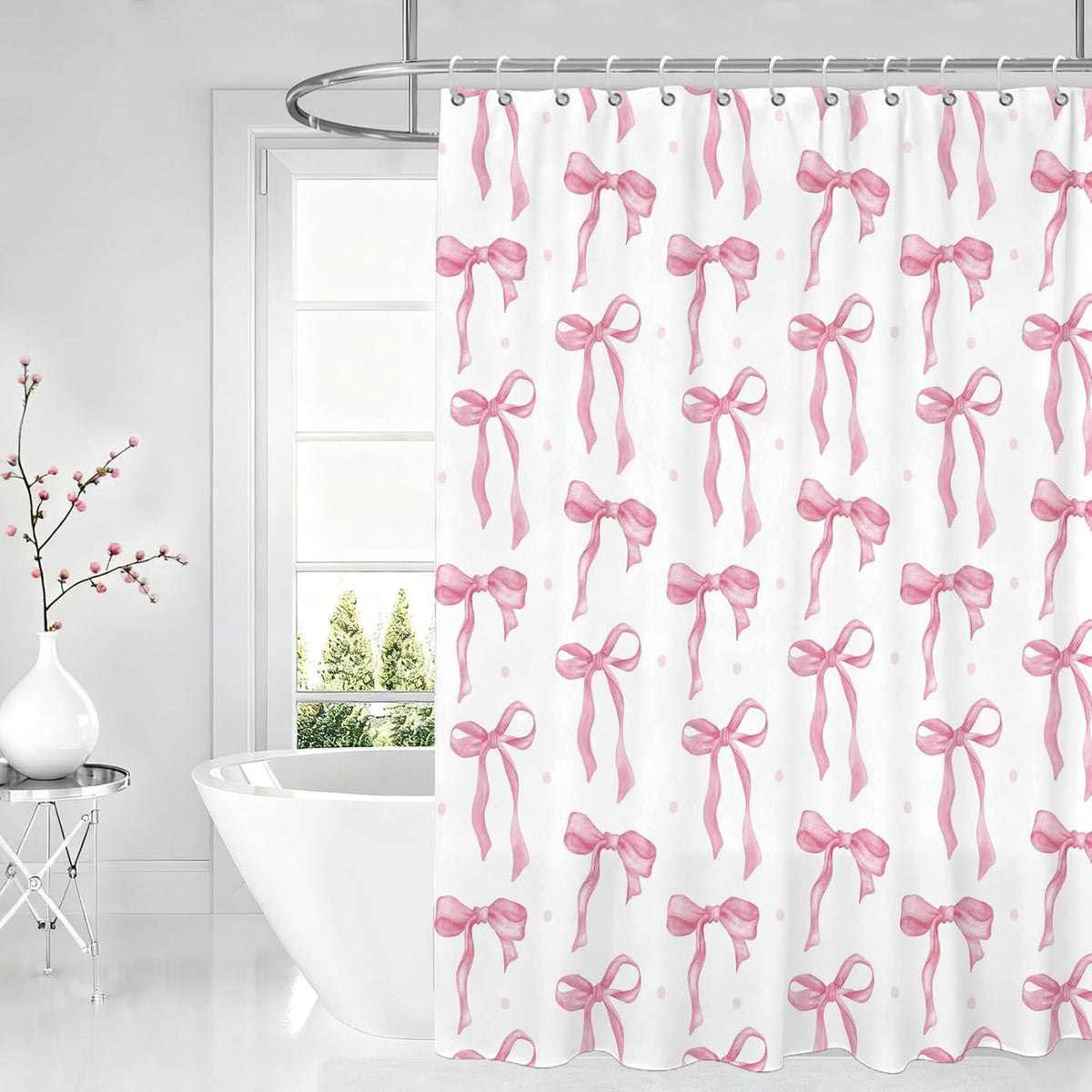 Pink Bow Shower Curtain Set with Hooks, White Pink Bathroom Curtain 72x72In