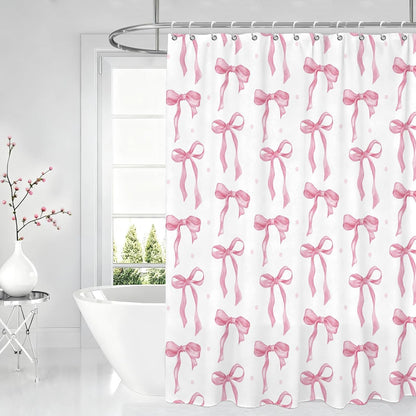 Pink Bow Shower Curtain Set with Hooks, White Pink Bathroom Curtain 72x72In