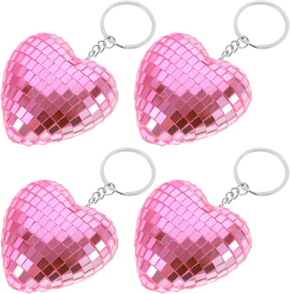 4pcs Pink Heart-shaped Reflective Mirror Disco Ball Keychains, Mini Bag Hanging Ornaments for Party Favors and Christmas Decorations