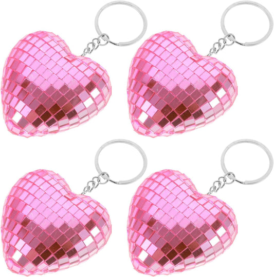 4pcs Pink Heart-shaped Reflective Mirror Disco Ball Keychains, Mini Bag Hanging Ornaments for Party Favors and Christmas Decorations