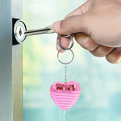 4pcs Pink Heart-shaped Reflective Mirror Disco Ball Keychains, Mini Bag Hanging Ornaments for Party Favors and Christmas Decorations
