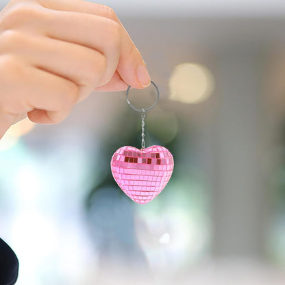 4pcs Pink Heart-shaped Reflective Mirror Disco Ball Keychains, Mini Bag Hanging Ornaments for Party Favors and Christmas Decorations