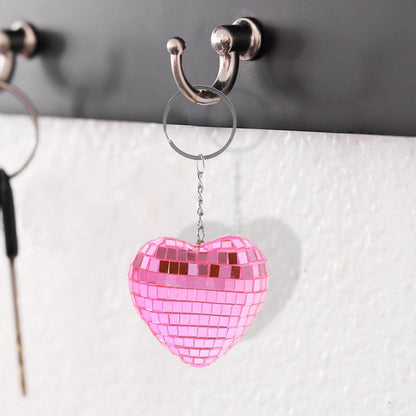 4pcs Pink Heart-shaped Reflective Mirror Disco Ball Keychains, Mini Bag Hanging Ornaments for Party Favors and Christmas Decorations