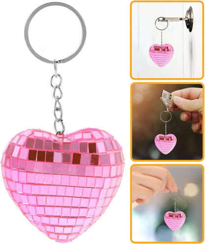 4pcs Pink Heart-shaped Reflective Mirror Disco Ball Keychains, Mini Bag Hanging Ornaments for Party Favors and Christmas Decorations