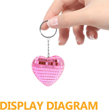 4pcs Pink Heart-shaped Reflective Mirror Disco Ball Keychains, Mini Bag Hanging Ornaments for Party Favors and Christmas Decorations