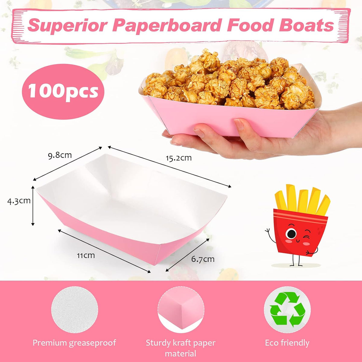100 Pcs 2lb Paper Food Trays Boat Nacho Boats for Hot Dogs, Pink