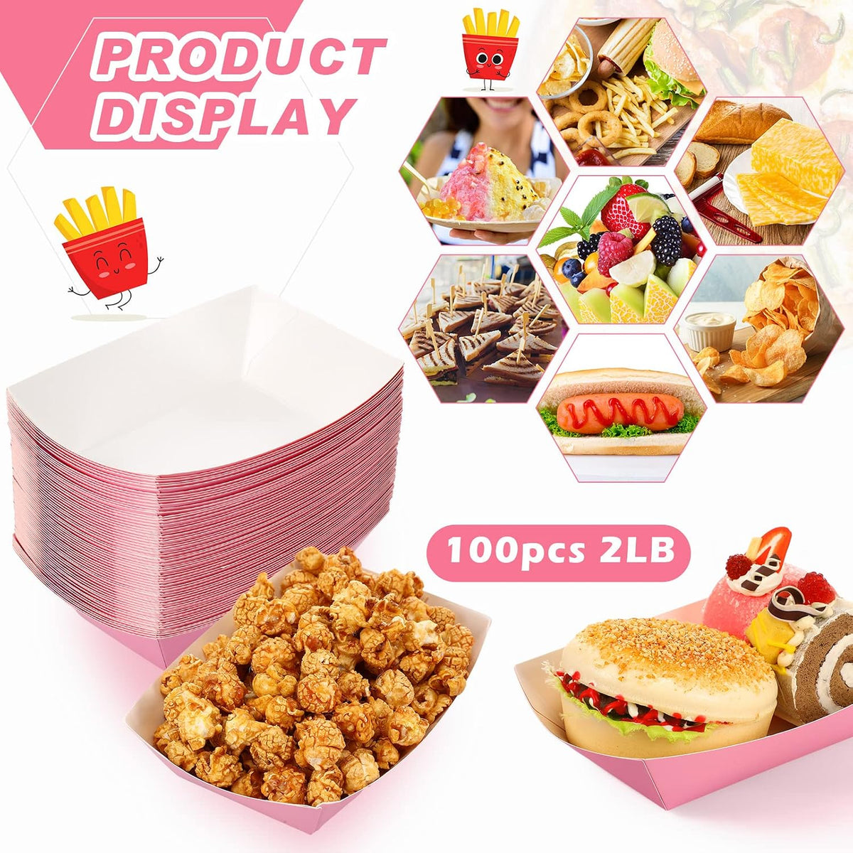 100 Pcs 2lb Paper Food Trays Boat Nacho Boats for Hot Dogs, Pink