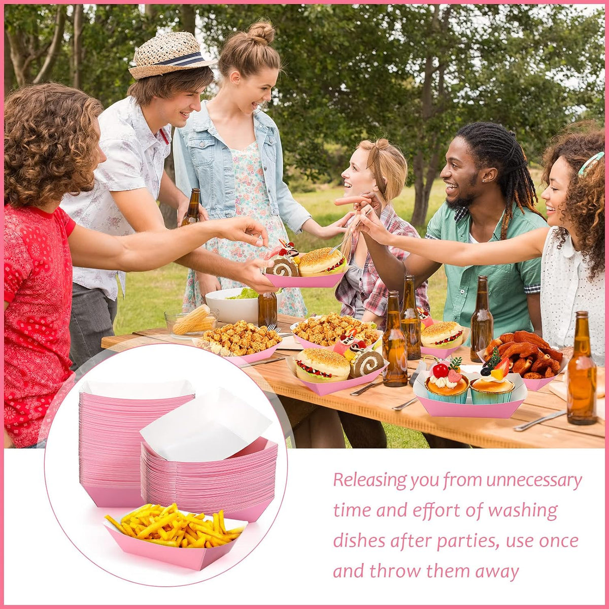 100 Pcs 2lb Paper Food Trays Boat Nacho Boats for Hot Dogs, Pink