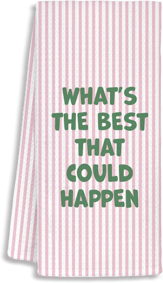 Pink Motivational Kitchen Towels, Inspirational Gifts for Women Dish Tea Towels, What's The Best That Could Happen Pink Striped Decorative Hand Towels for Bathroom Decor, 16x24 Inch
