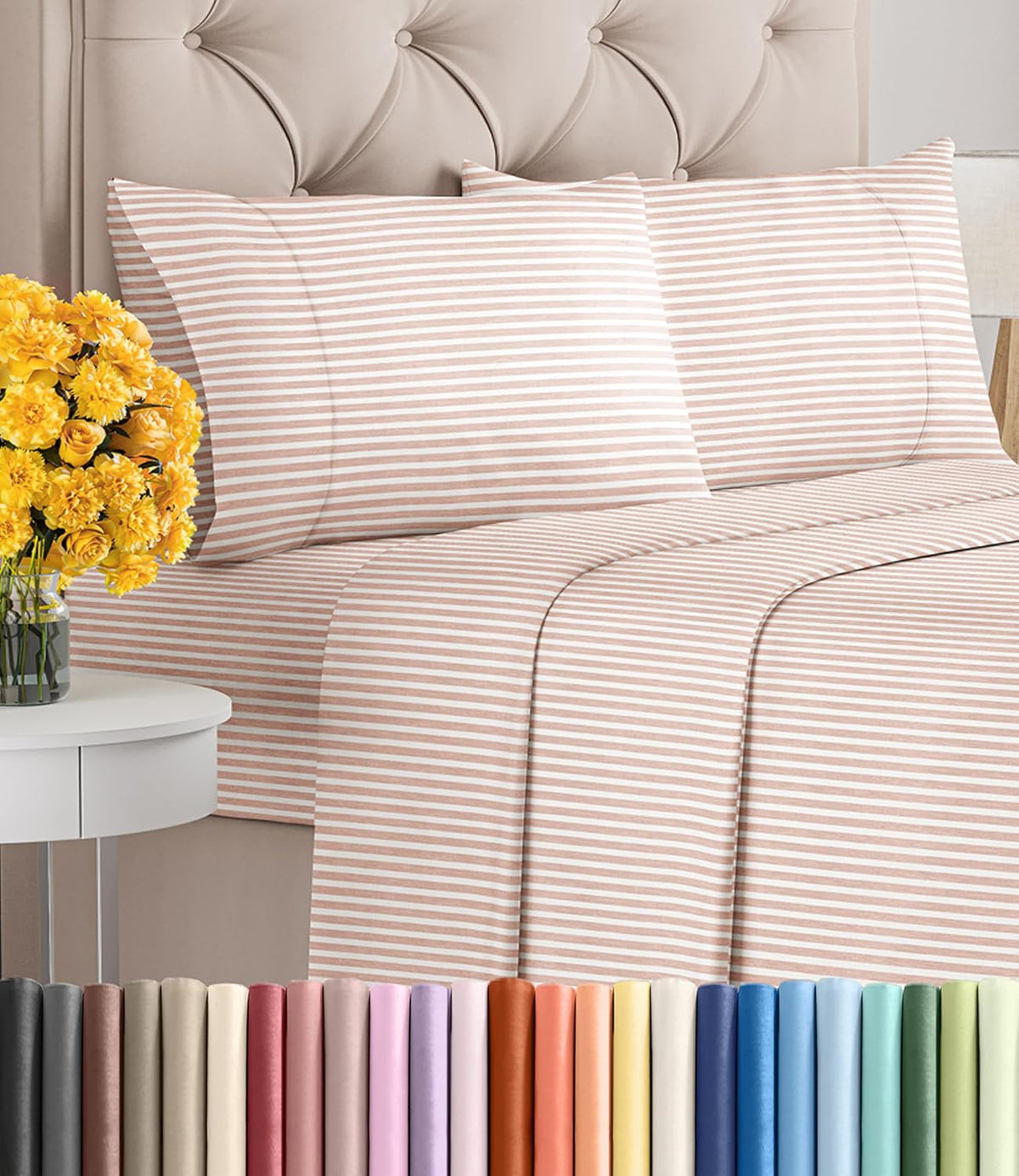 Queen Size 4 Piece Sheet Set - Soft & Cooling Bed Sheets - Blush Stripes 1