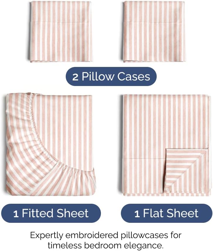 Queen Size 4 Piece Sheet Set - Soft & Cooling Bed Sheets - Blush Stripes 1