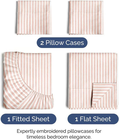 Queen Size 4 Piece Sheet Set - Soft & Cooling Bed Sheets - Blush Stripes 1