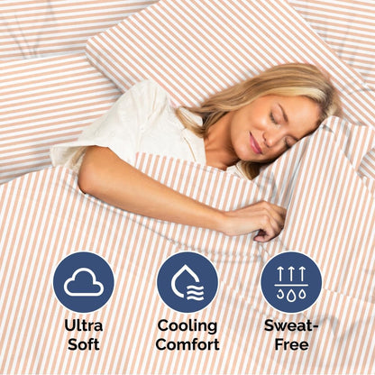 Queen Size 4 Piece Sheet Set - Soft & Cooling Bed Sheets - Blush Stripes 1