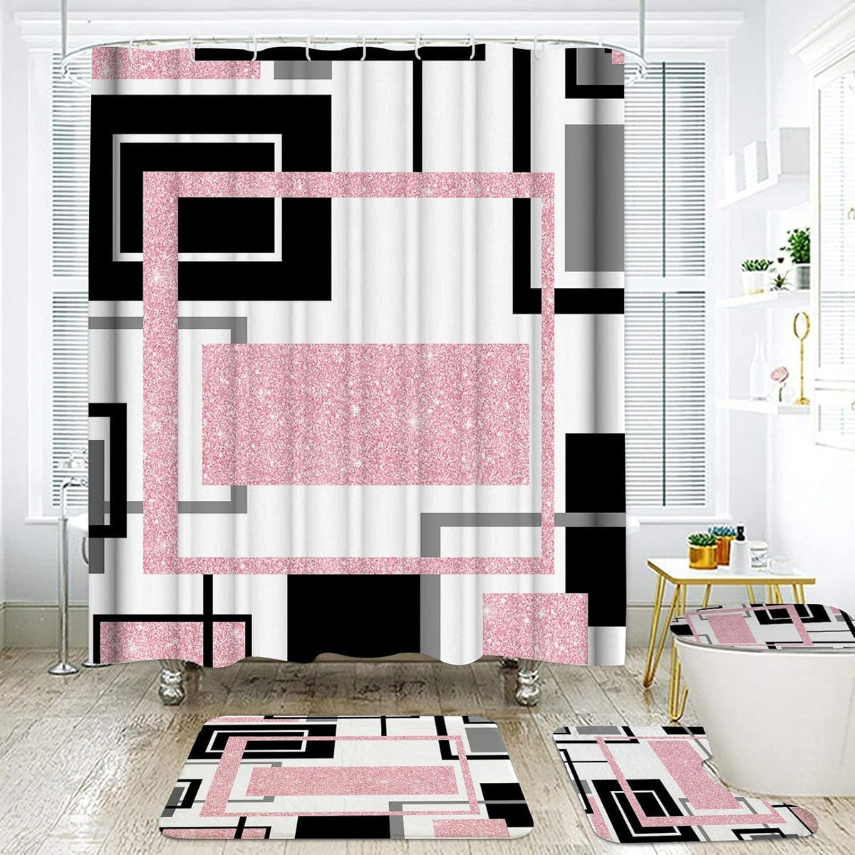 Onalasyc 4Pcs Pink Geometric Shower Curtain with Rugs Set