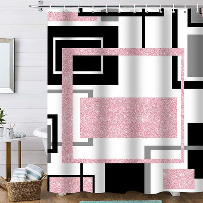 Onalasyc 4Pcs Pink Geometric Shower Curtain with Rugs Set