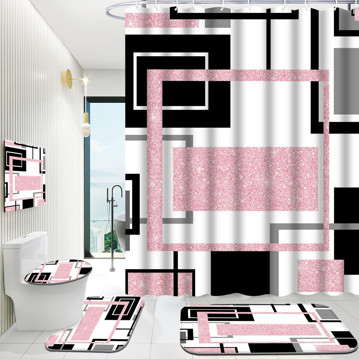 Onalasyc 4Pcs Pink Geometric Shower Curtain with Rugs Set