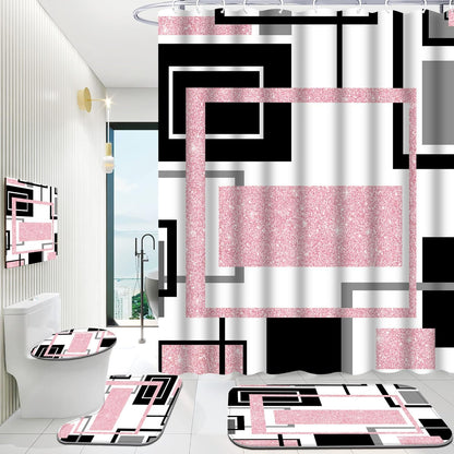 Onalasyc 4Pcs Pink Geometric Shower Curtain with Rugs Set