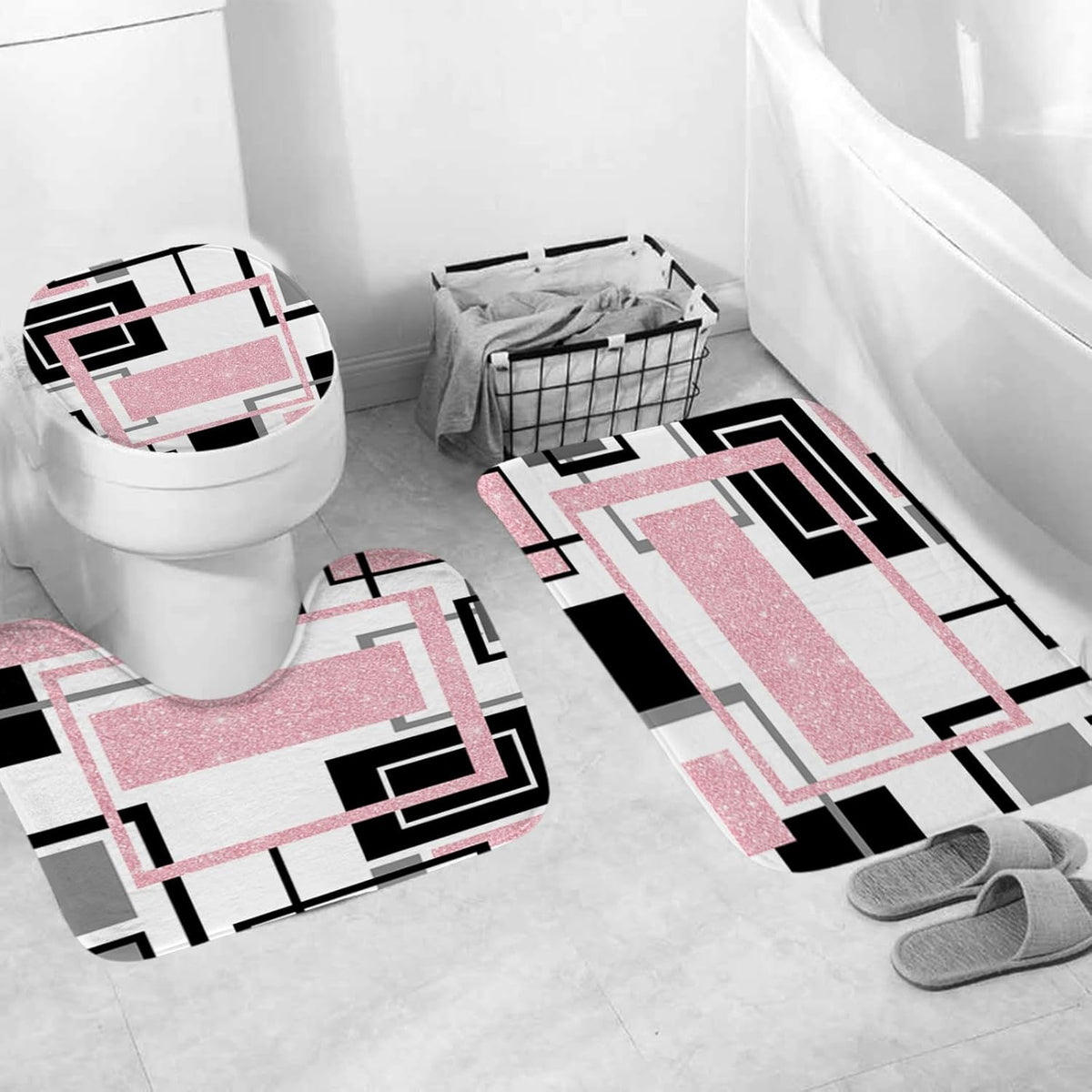 Onalasyc 4Pcs Pink Geometric Shower Curtain with Rugs Set